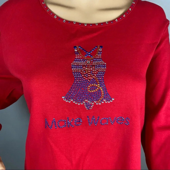 Quacker Factory Women's 1X Red Top Swim suit Graphic 3/4 Length Sleeves Sequins - Picture 2 of 7